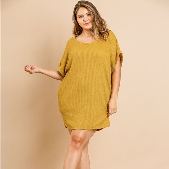 Umgee Mustard Coloured Shirt Sleeve Waffle Dress - Picture 1 of 1